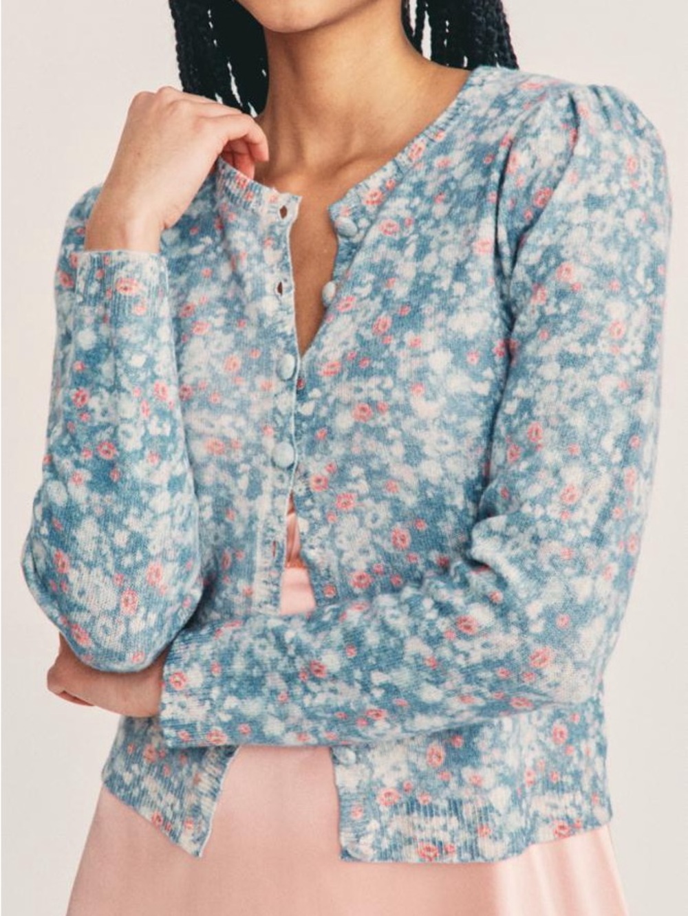 Love Shack Fancy - Simona Cardigan in Serenity Blue Wool Cashmere Blend